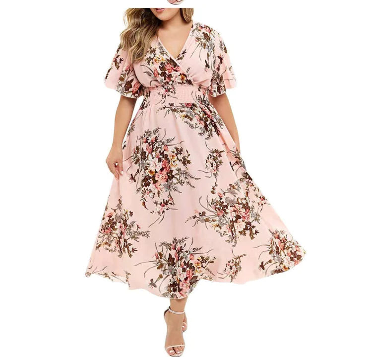 Elegant Floral Print Maxi Dress with V-Neck Design