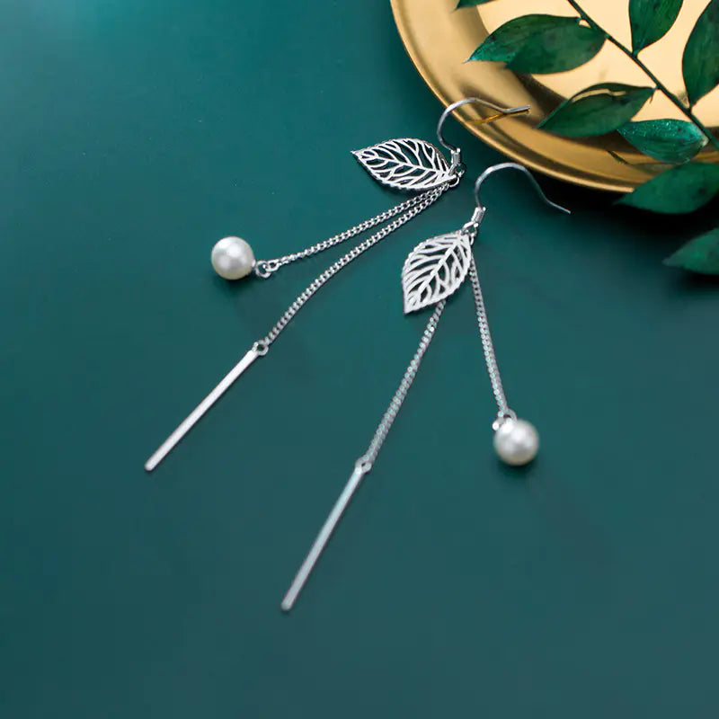 S925 Silver Minimalist Hollow Leaf Earrings with Pearls