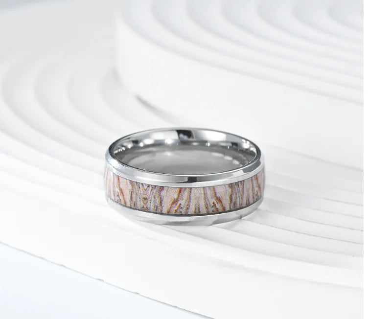 White Wood Grain Tungsten Ring for Couples Engagement