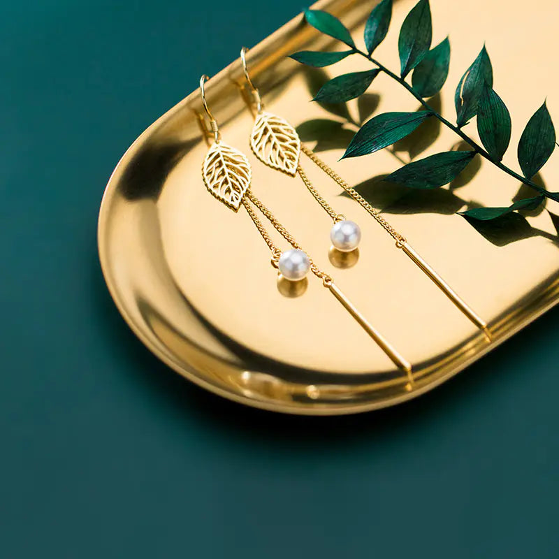 S925 Silver Minimalist Hollow Leaf Earrings with Pearls