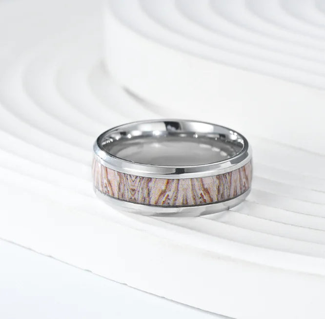 White Wood Grain Tungsten Ring for Couples Engagement