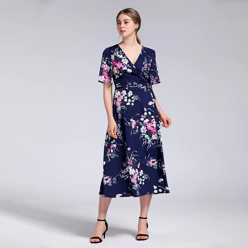 Elegant Floral Print Maxi Dress with V-Neck Design
