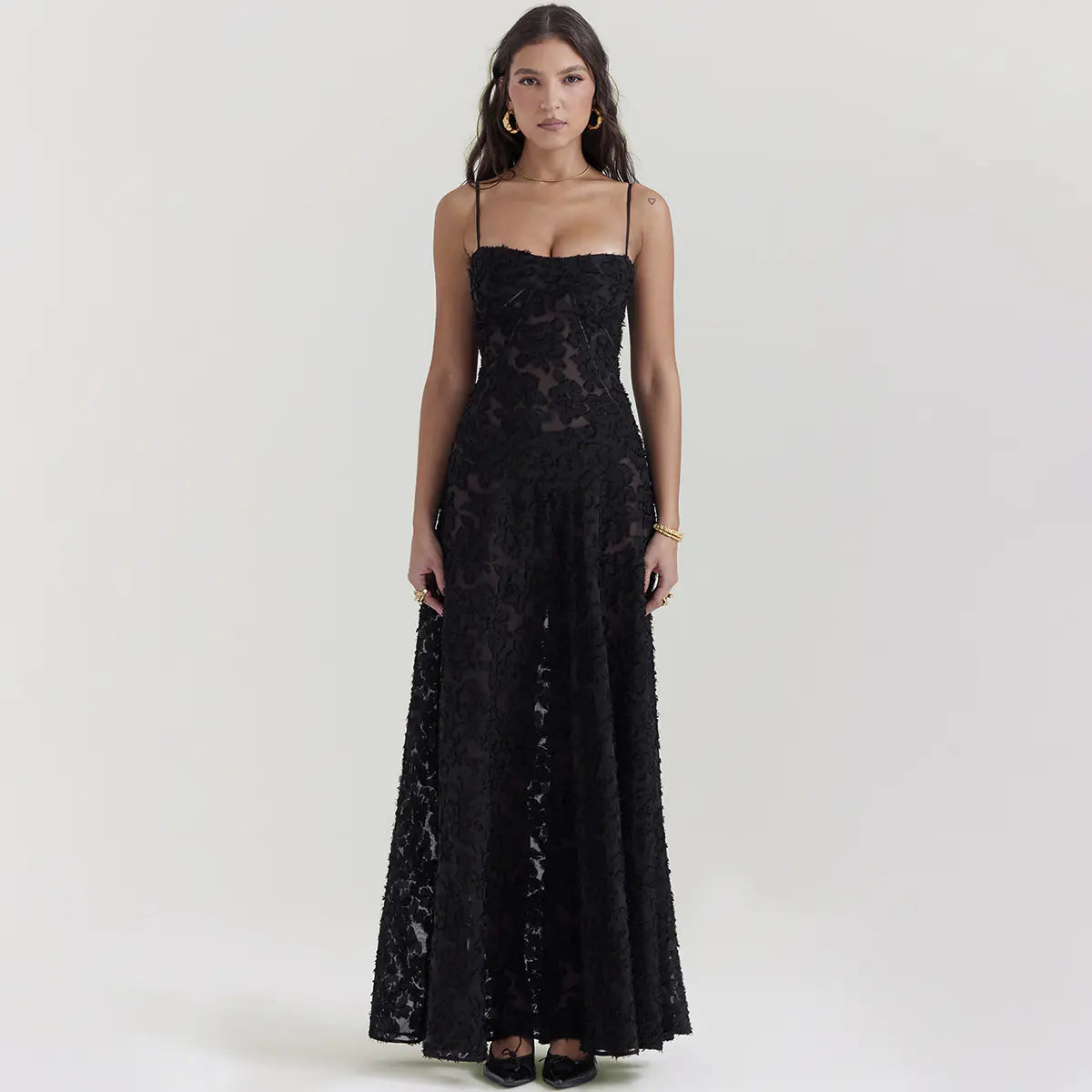 New Sexy Black Sheer Backless Dress Evening Gown
