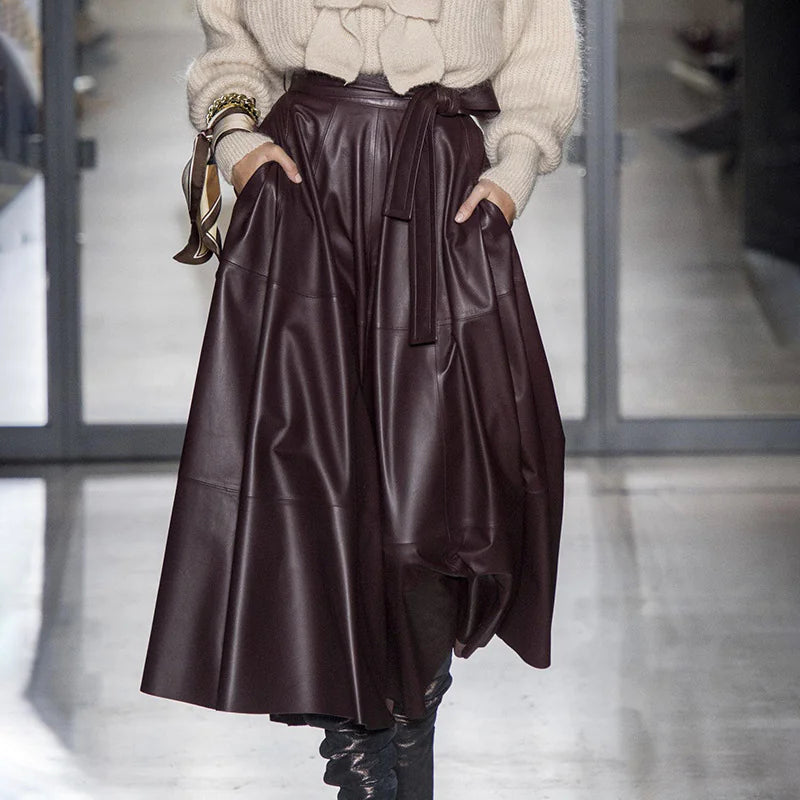 Fashionable High-Waisted A-Line PU Leather Skirt