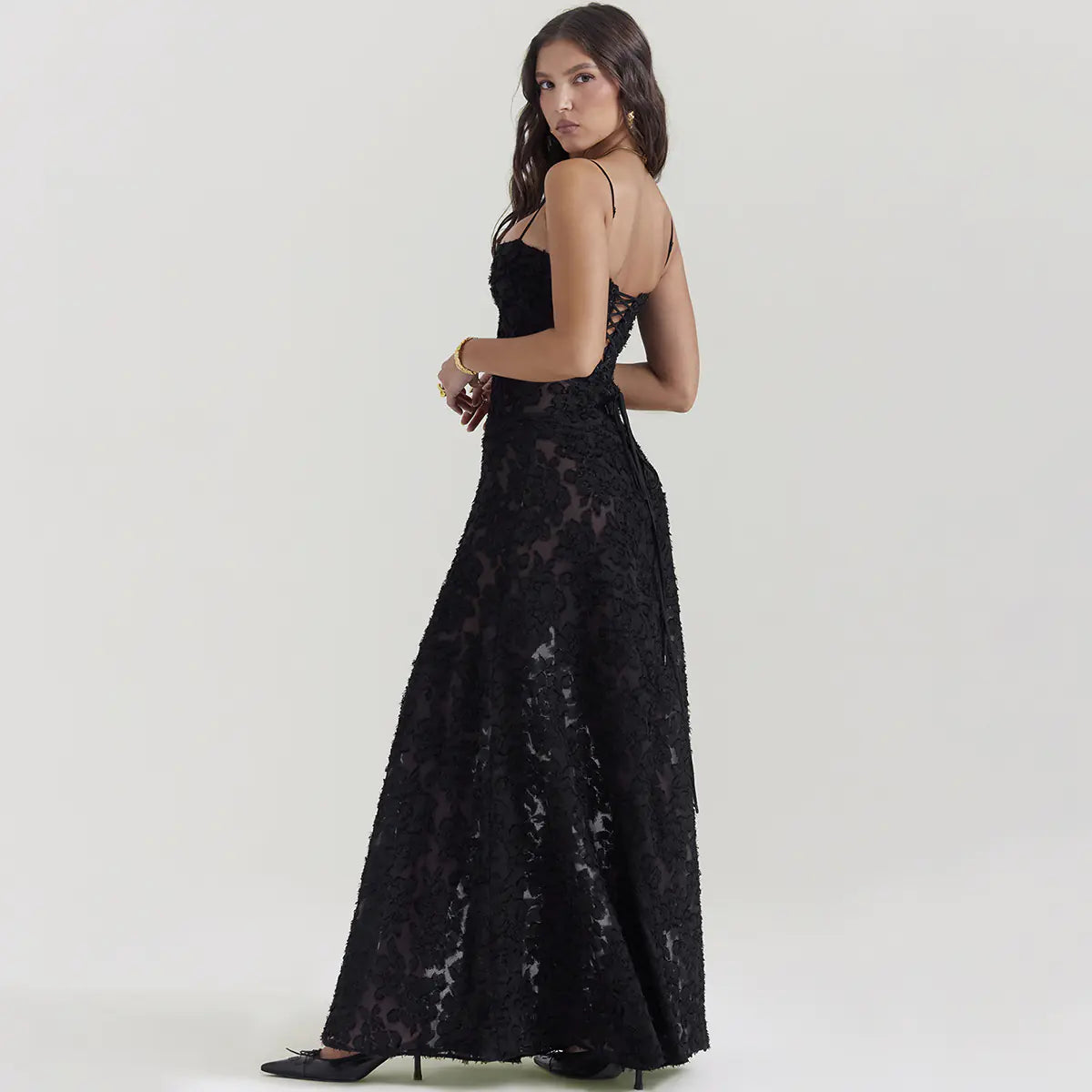 New Sexy Black Sheer Backless Dress Evening Gown