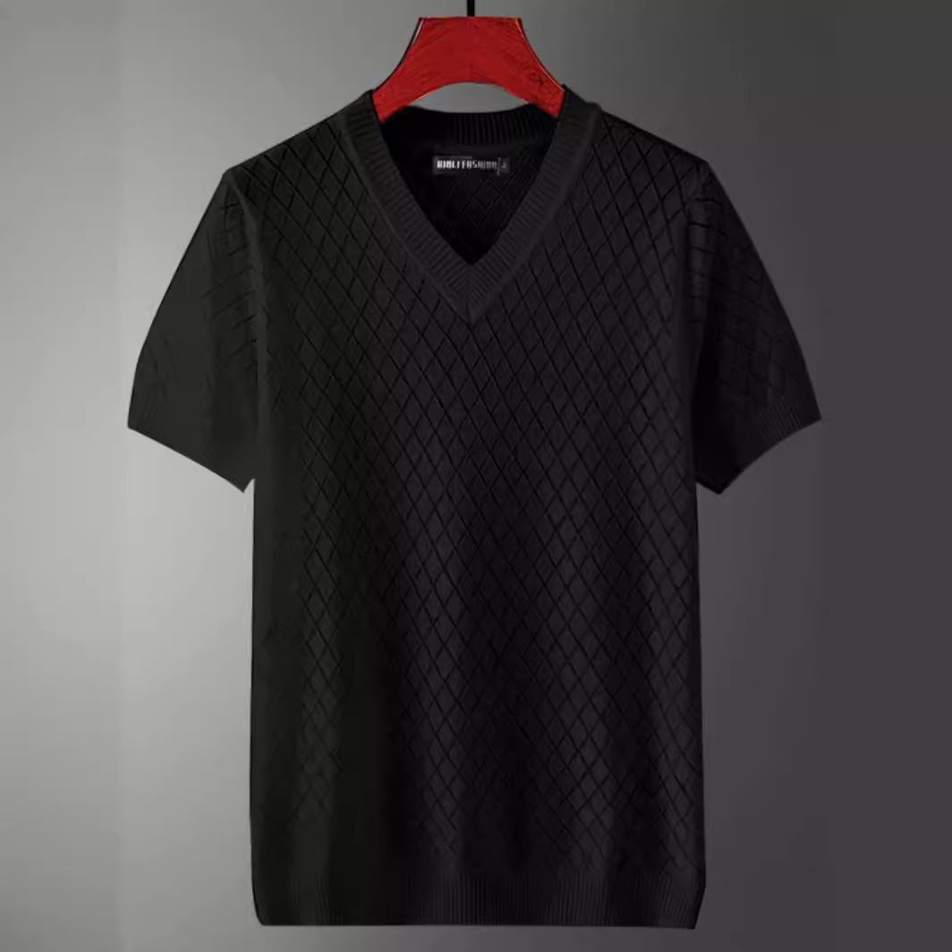 Men's Ice Silk Cut-out V-neck T-shirt Top Summer Plus Size Short Sleeve