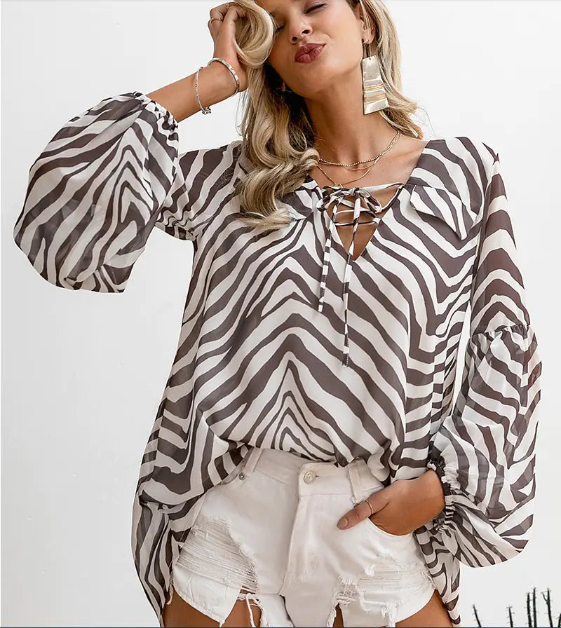 Versatile Zebra Print Women's Tie Shirt
