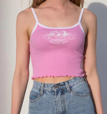 New Women's Mesh Spliced Ruffle Letter Embroidered Tank Top