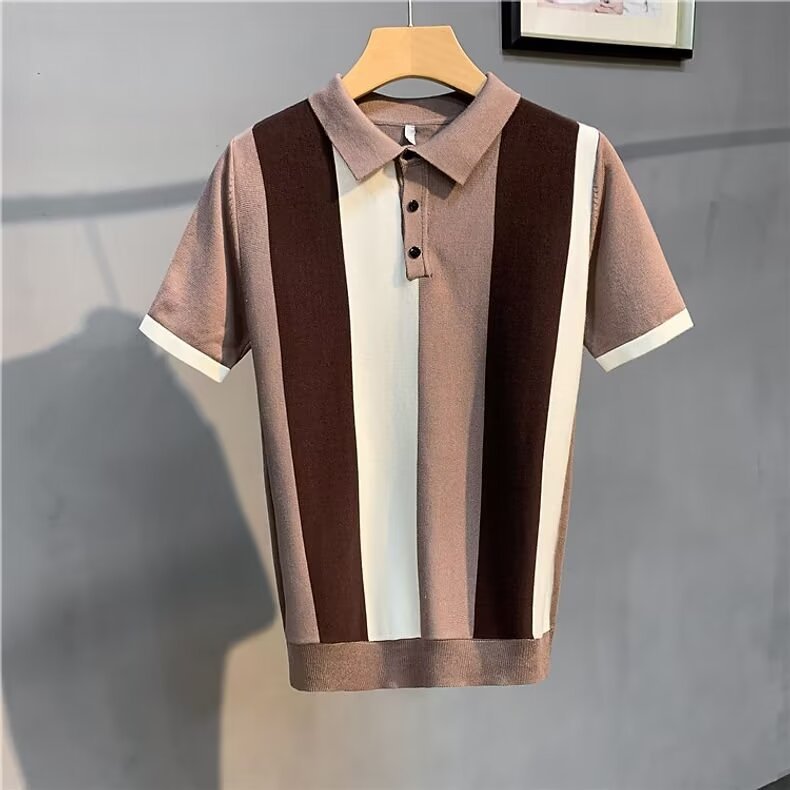 Short Sleeve Men's Vintage Stripe Personality Zipper Half Sleeve