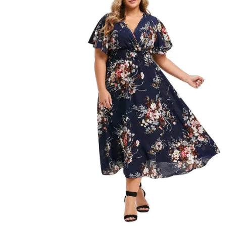 Elegant Floral Print Maxi Dress with V-Neck Design
