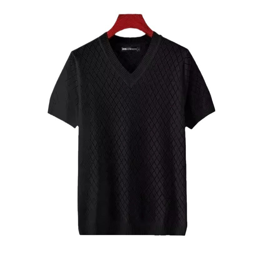 Men's Ice Silk Cut-out V-neck T-shirt Top Summer Plus Size Short Sleeve