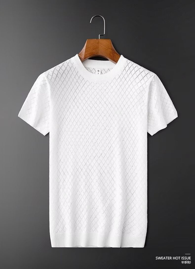 Men's Ice Silk Cut-out V-neck T-shirt Top Summer Plus Size Short Sleeve