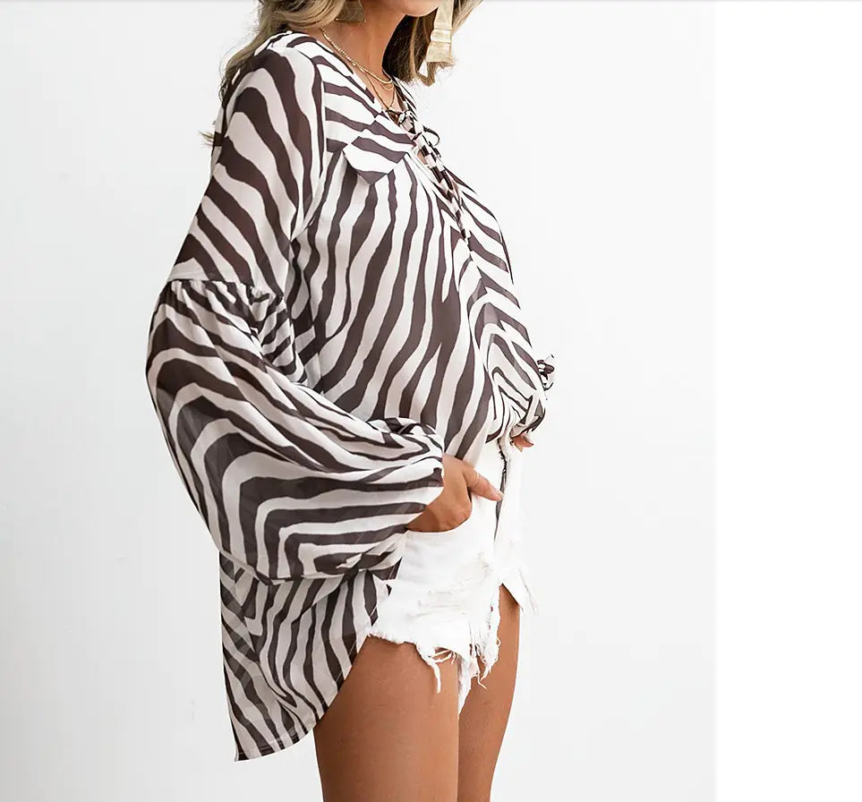Versatile Zebra Print Women's Tie Shirt