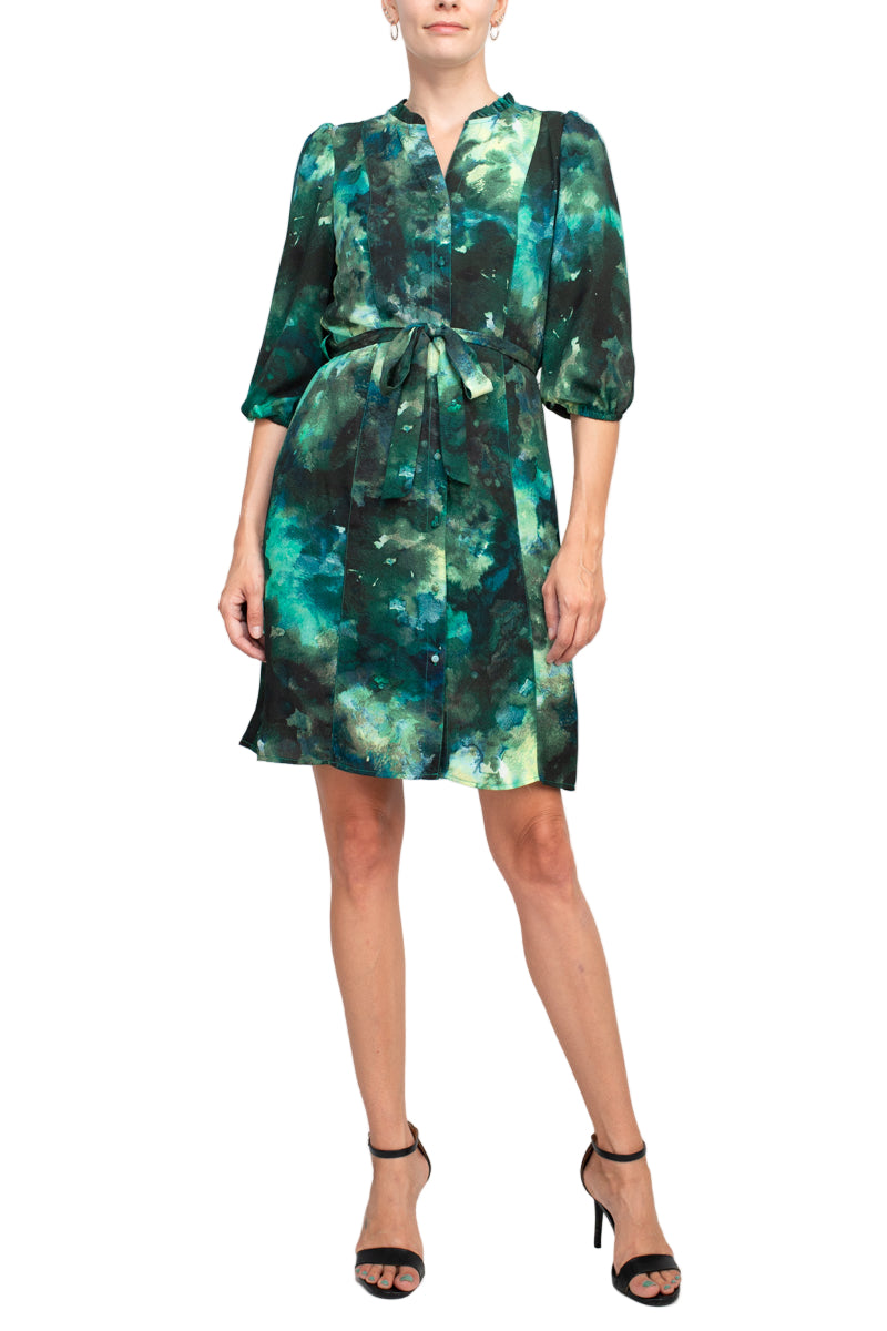 Nanette Lepore Split Neck Button Front Closure Elastic Cuff Tie Waist Multi Print Chiffon Dress